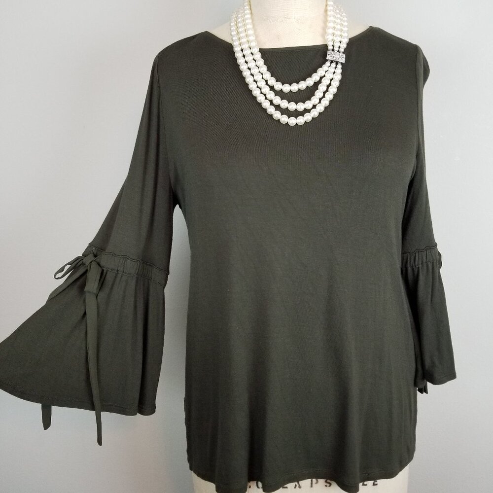 WHBM White House Black Market Dark Olive Green Flared Sleeve Flowy Blouse SMALL